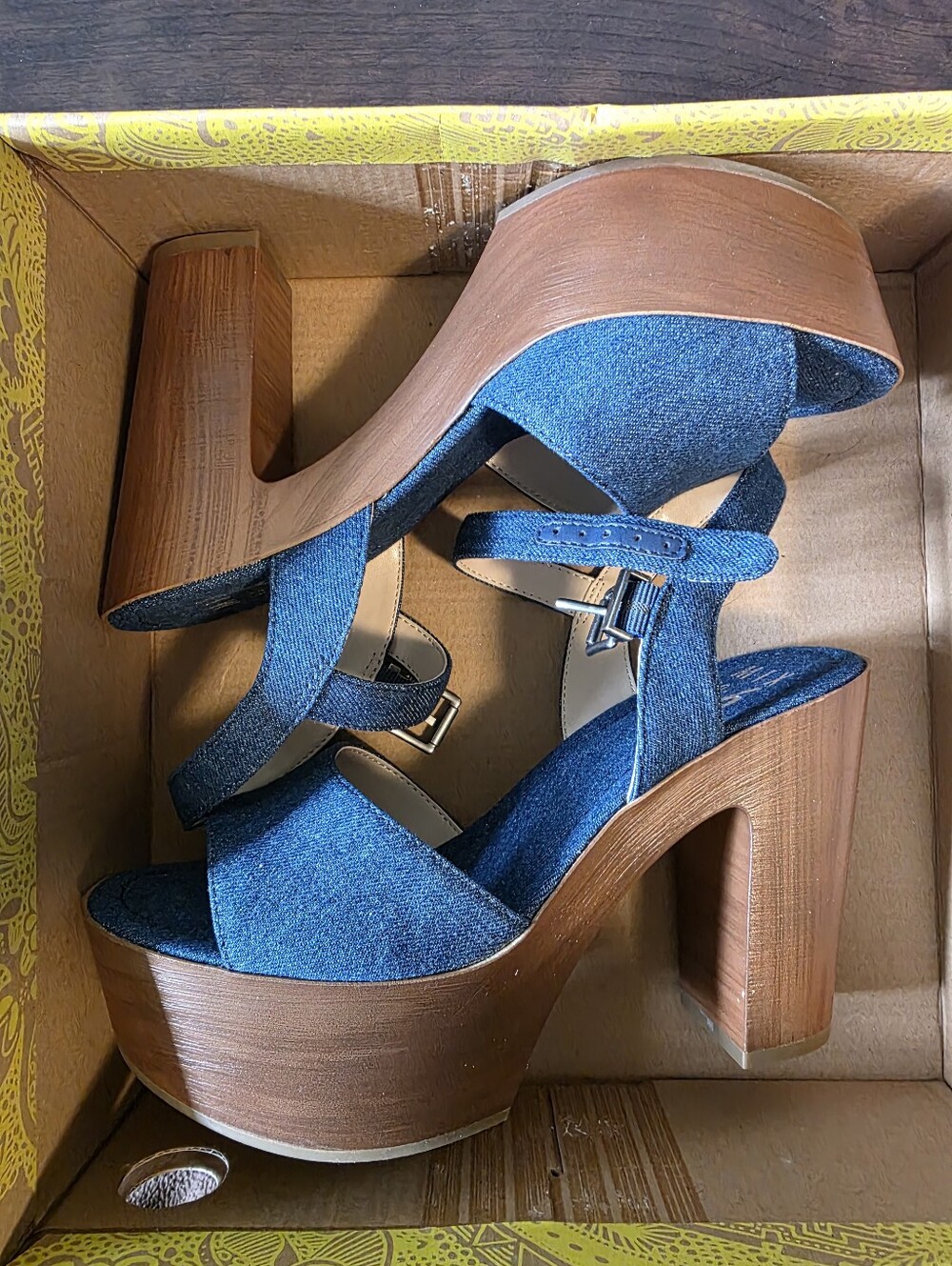 MIX No. 6 Carinda Denim Platform Sandals Indigo Blue Chunky Wood Heel 7.5M NEW - Picture 5 of 14